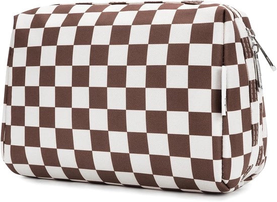 Borsa per trucco per donne borsa per cosmetici borsa per il bagno per donne borse per il bagno, borsa per trucco borsa per trucco (griglia marrone scuro, grande)