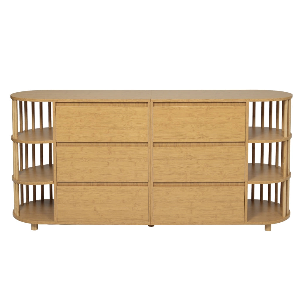 Credenza con 6 Cassetti e Ripiani Aperti in Bamb??; Design Romano; in MDF e Bamb??; 160??40??75 cm; Rovere