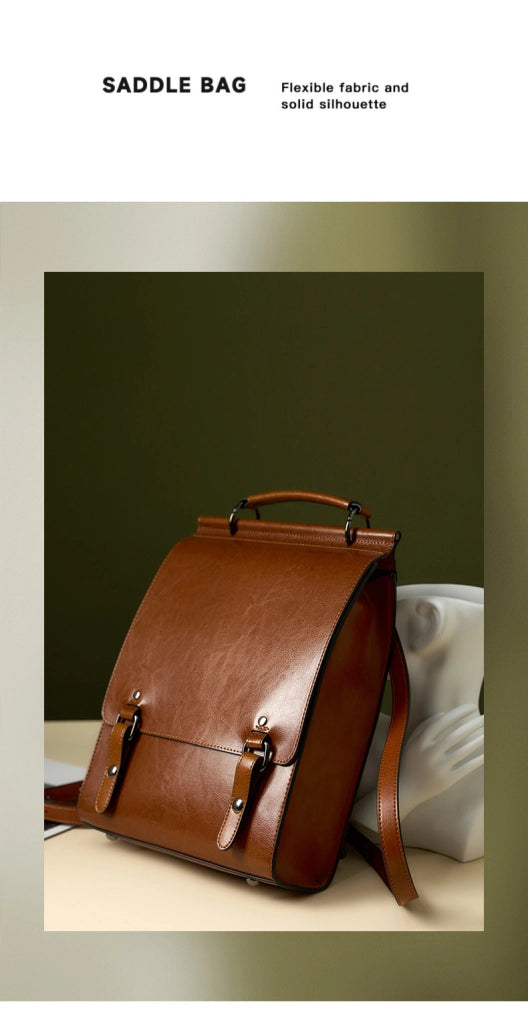 Zaino in vera pelle, stile British College, marrone