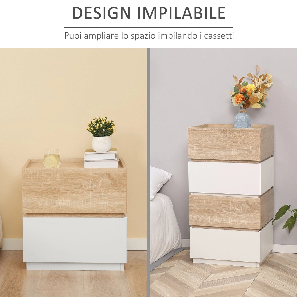 Comodino 2 Cassetti 50x40x47,5 cm Design Moderno Nature Wood e Bianco