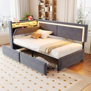 DESMIU Letto divano 90 × 200 cm 1 posto con LED, USB e vani contenitore, senza materasso, in velluto grigio