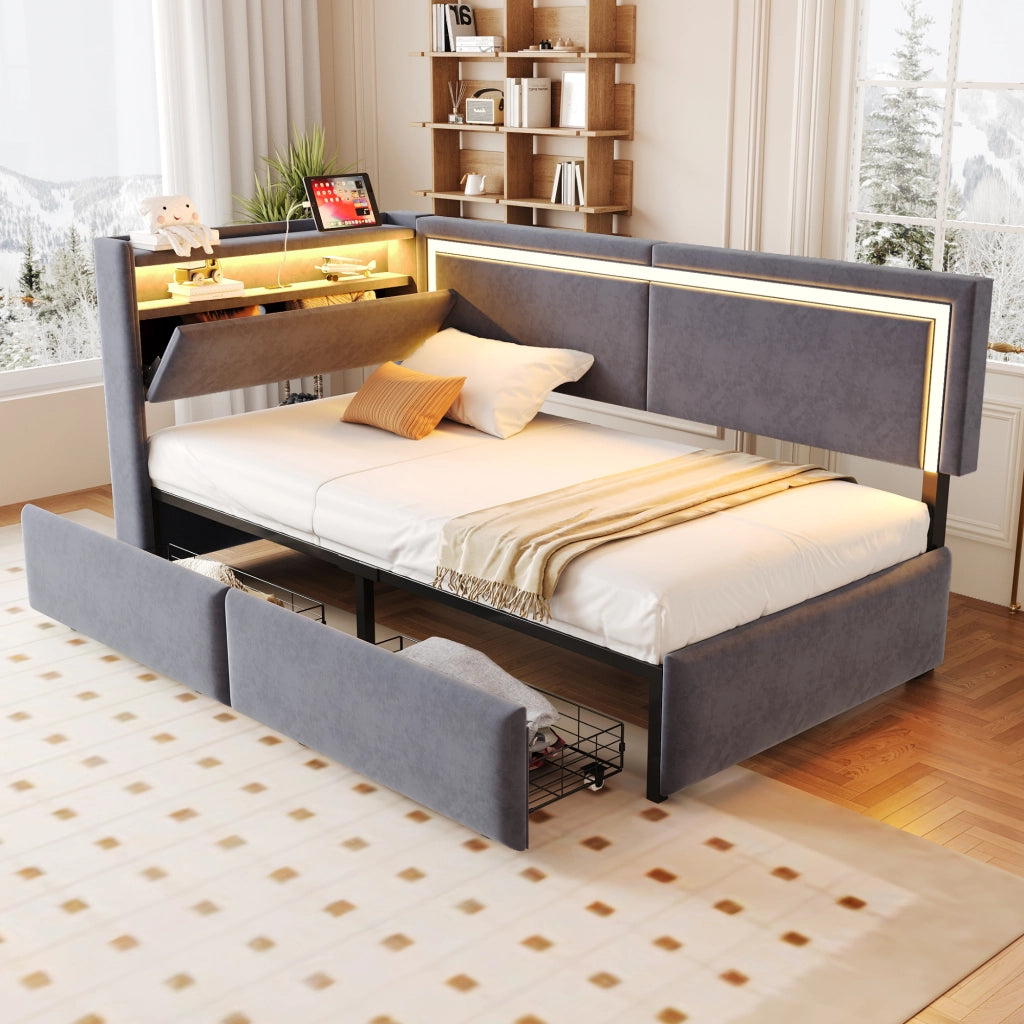 DESMIU Letto divano 90 × 200 cm 1 posto con LED, USB e vani contenitore, senza materasso, in velluto grigio