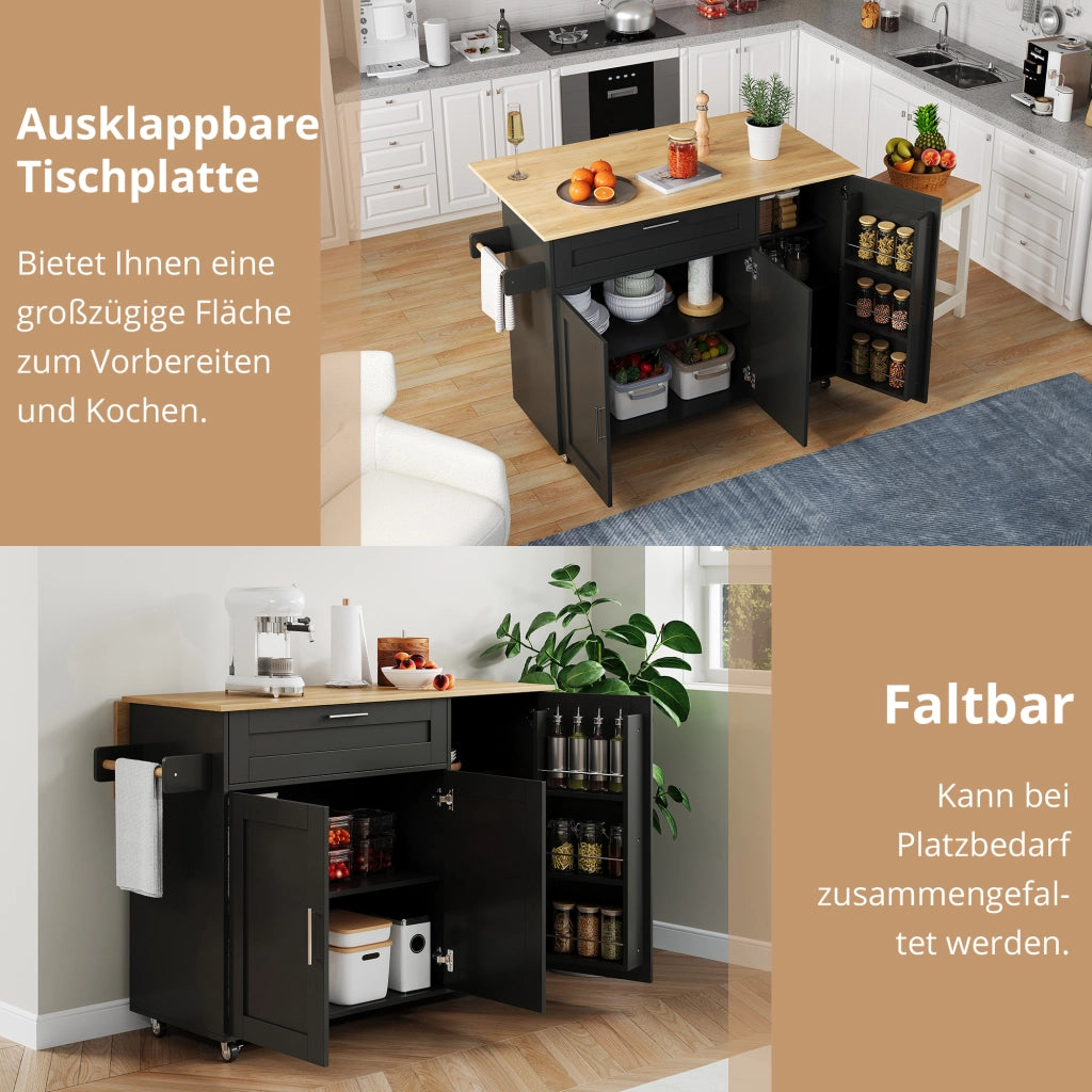 Carrello da Cucina con 2 Ante; 1 Cassetto; Ripiani Regolabili e Portasciugamani; in MDF; Nero e Naturale; 132;5 x 44 x 90 cm
