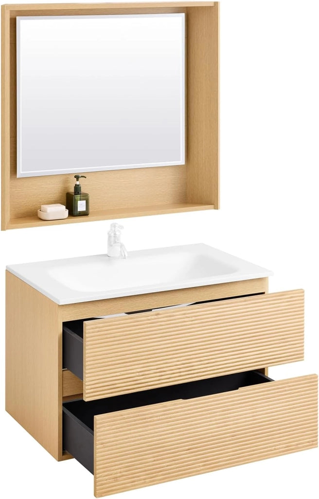 Set arredo da bagno Specchio a parete+ Mobile lavabo Naturale BZR198-N