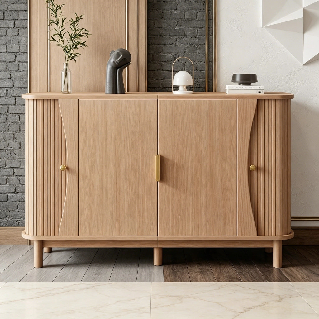 Credenza e madia con 2 ante scorrevoli e ripiano regolabile, per soggiorno, in MDF naturale, 140 × 40 × 88 cm