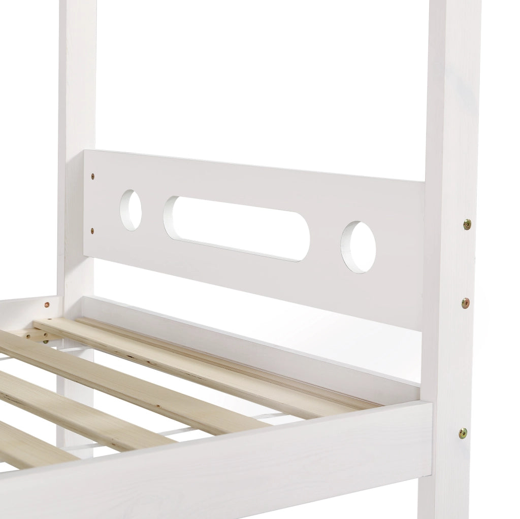 Letto a castello 90x200 cm con libreria aperta e scala a 5 gradini in legno e MDF bianco e naturale