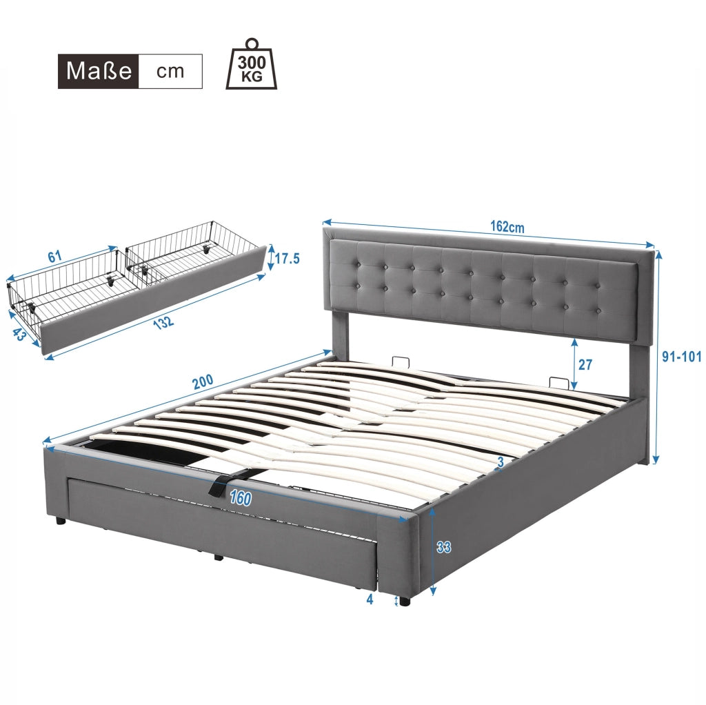Letto matrimoniale imbottito in velluto grigio 160x200 cm con contenitore e cassetti