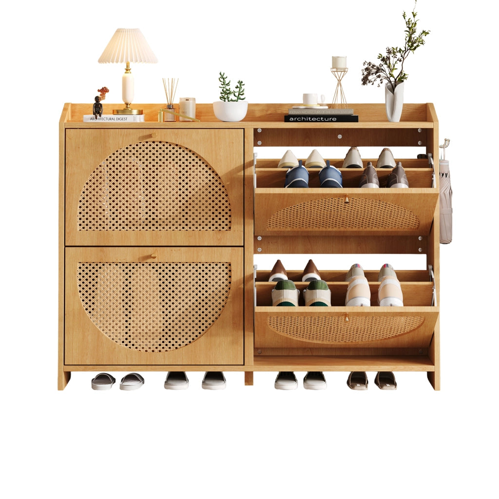 Scarpiera moderna 120¡Á24¡Á90 cm con 4 ante a ribalta, 8 scomparti, 2 ganci, struttura in MDF e ante in stile rattan, colore naturale