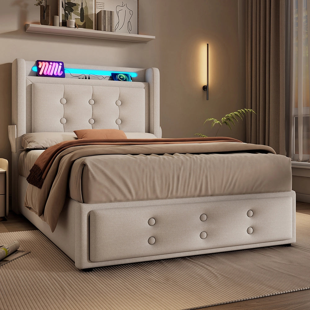 Letto a cassone per adulti 90x200 cm - Xylo - Testiera LED USB C, rete a doghe, Beige