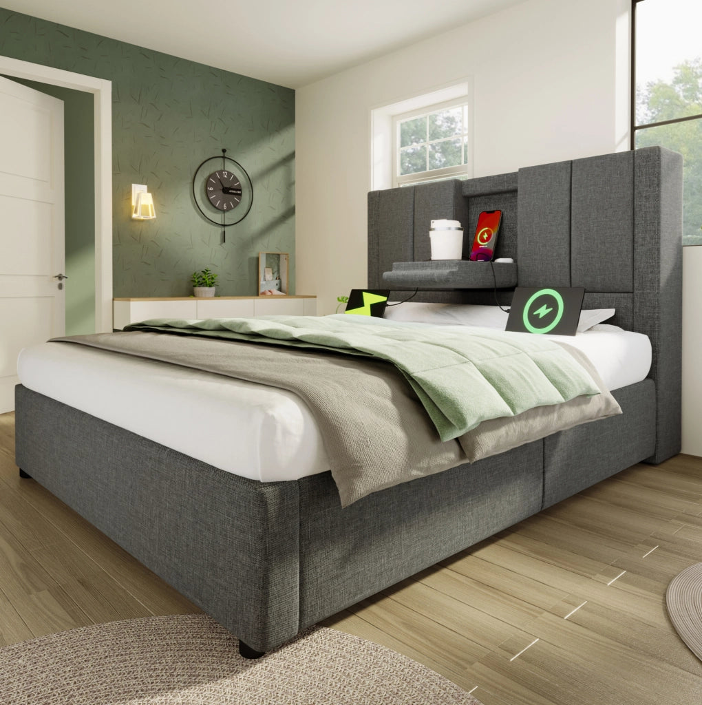 Letto imbottito 90x200 cm con vano contenitore idraulico; USB/Type-C e materasso; grigio