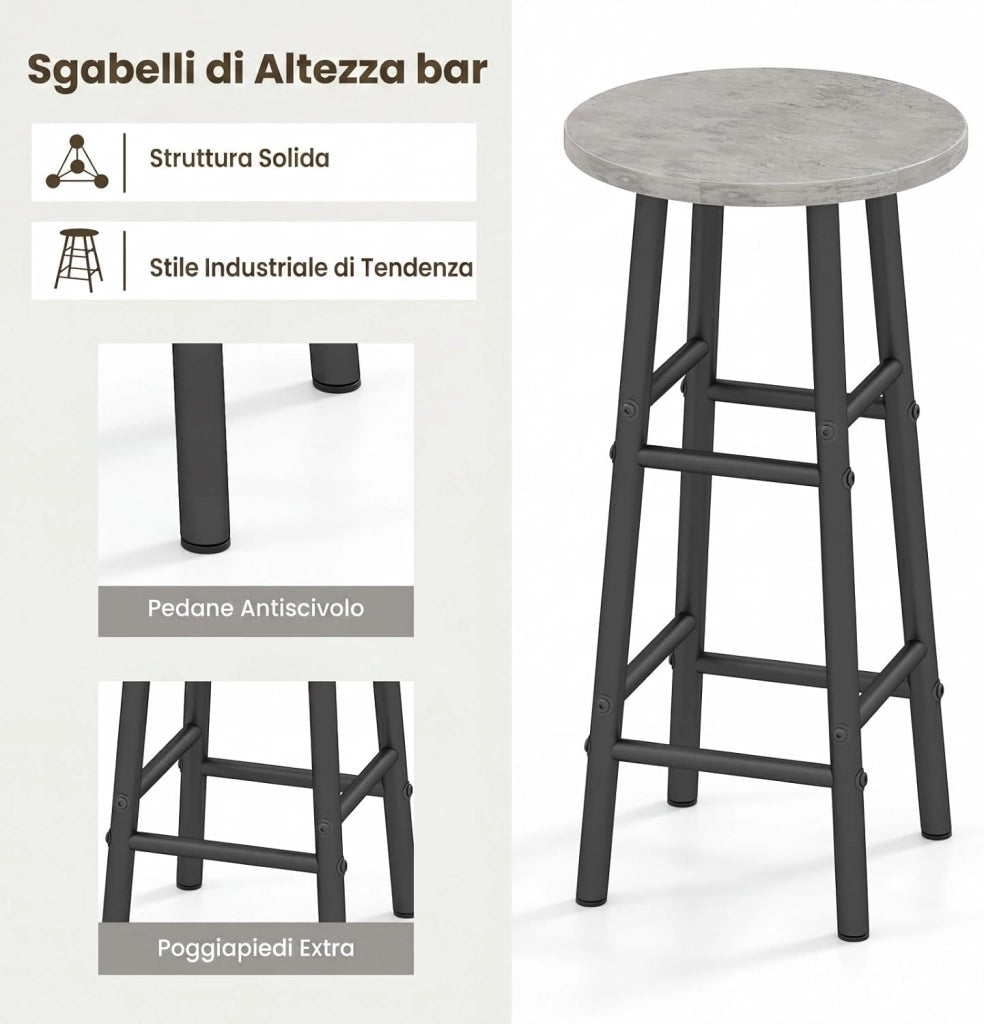 Set 3 Pezzi Tavolo e Sedie da Bar, Tavolo e Sgabelli da Pub Industriale con Porta Calici e 6 Portabottiglie da Vino, Set di Tavolo per Sala da Pranzo, Ristorante e Bar (Grigio)