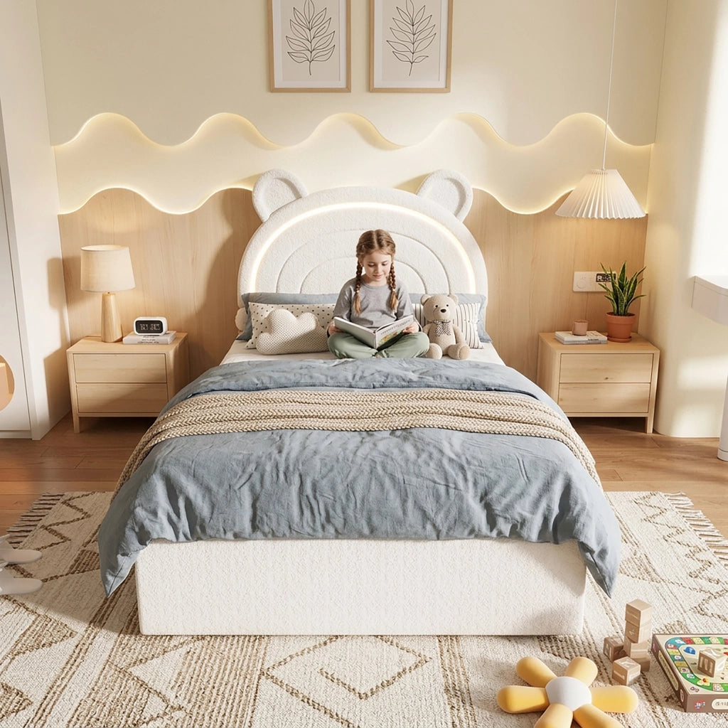 Letto imbottito beige 90x200 cm con testiera a orsetto; quattro cassetti e LED