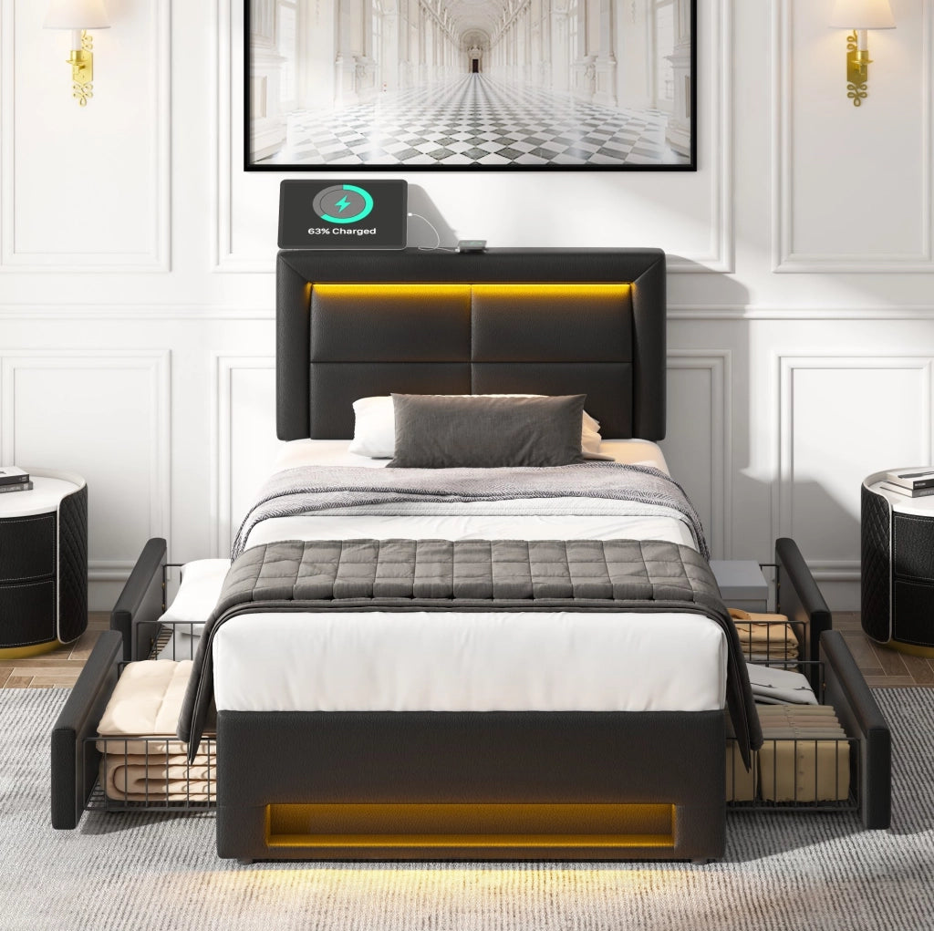 Letto imbottito 90x200 cm con USB; LED e 4 cassetti; senza materasso; PU nero