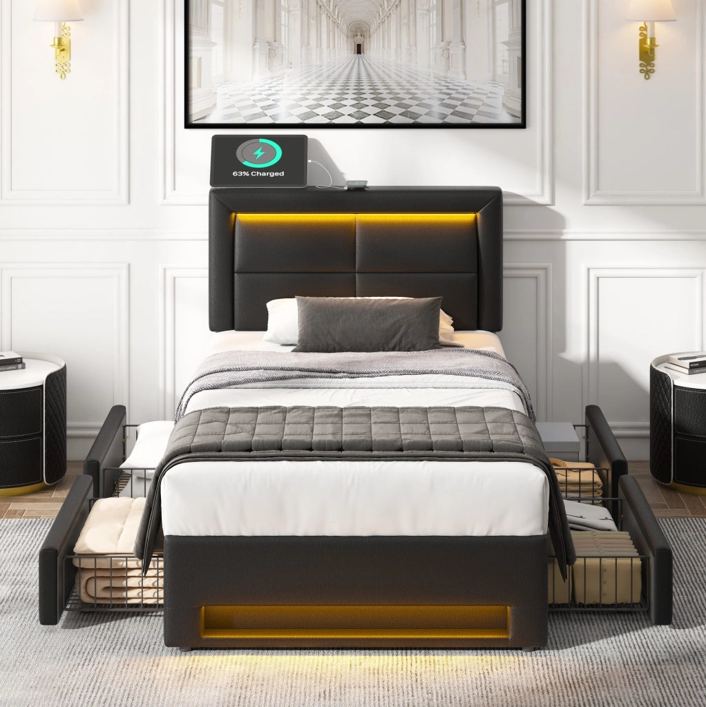 Letto imbottito 90x200 cm con USB; LED e 4 cassetti; senza materasso; PU nero