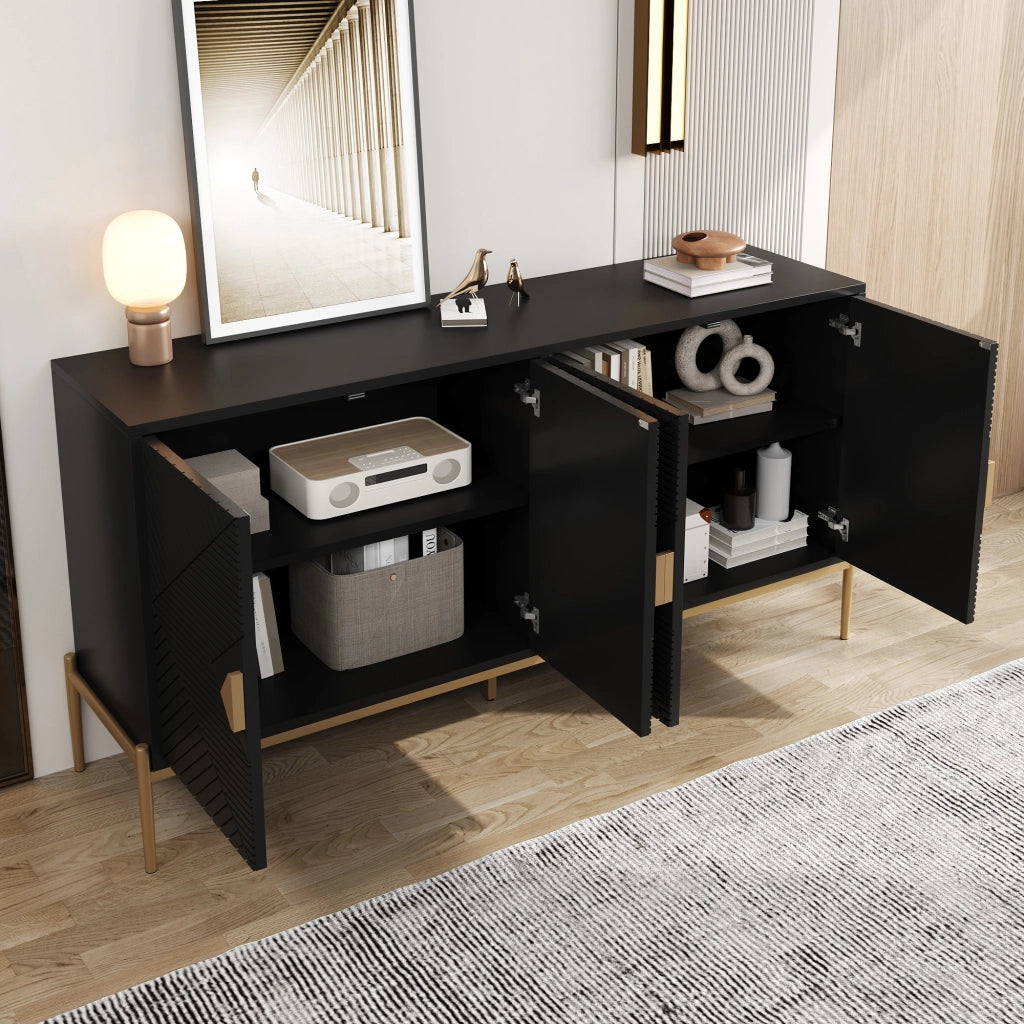 Credenza con 4 Ante e Gambe in Metallo; Motivo Geometrico 3D; Stile Moderno; in MDF; Nero; 162??40??80 cm