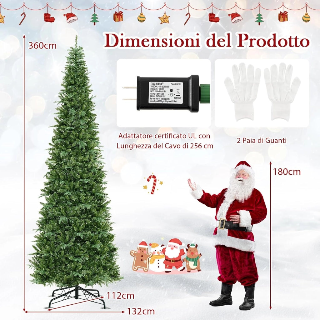 Albero di Natale Artificiale 360 cm, Albero di Natale Pre-illuminato con 800 Luci LED, 2517 Punte di Rami e Connettore di Alimentazione Rapido, Decorazione Natalizia da Interno ed Esterno