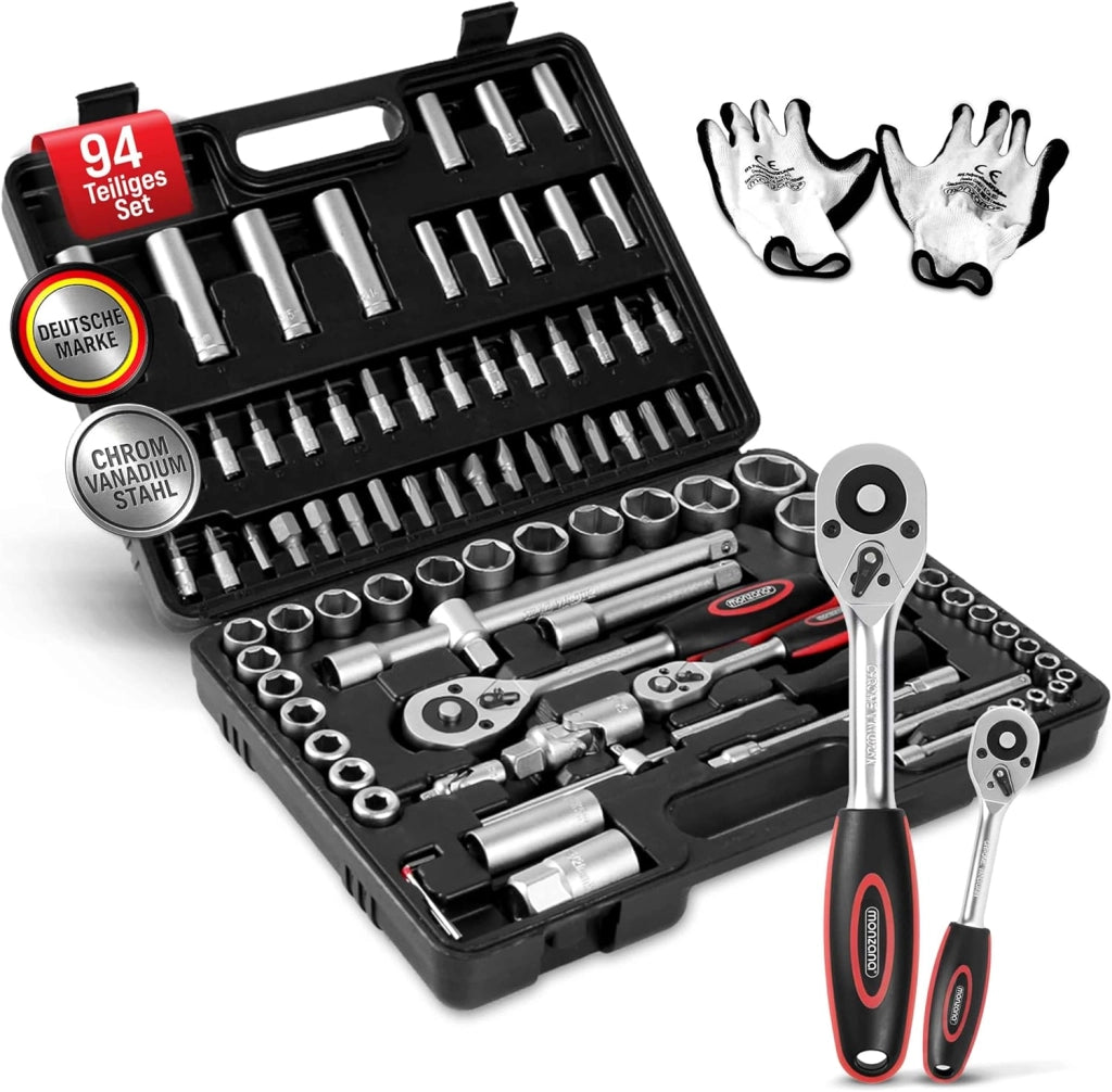 ® Set di Chiavi a Bussola 94 Pezzi in Acciaio CV 1/4' + 1/2' Custodia per il Trasporto Cassetta Attrezzi