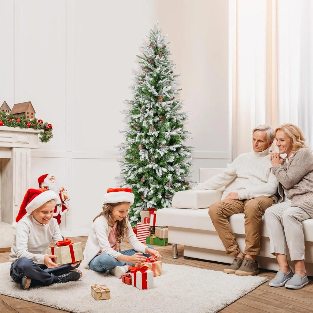 Albero di Natale Slim Pre-Luminoso 190/225 CM, Albero di Natale Artificiale Innevato con 280/350 Luci LED Bianche Calde, Rami Articolati e 671/913 Punte e 60/75 Pigne (190 CM)