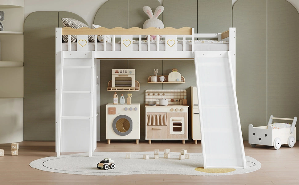 LETTO A CASTELLO ALTO con scivolo, armadio, 90x200 cm, bianco/naturale