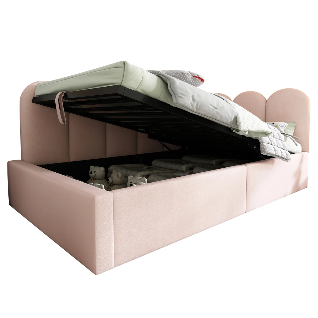 Letto da giorno imbottito 90x190 cm con contenitore idraulico, rete in metallo, velluto rosa, senza materasso