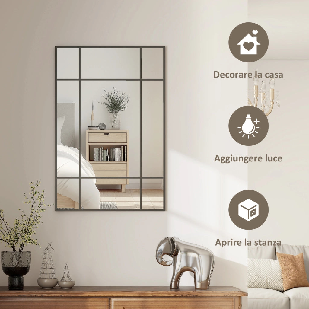 Specchio da parete stile finestra 90x60 cm nero, montaggio verticale e orizzontale per arredo casa
