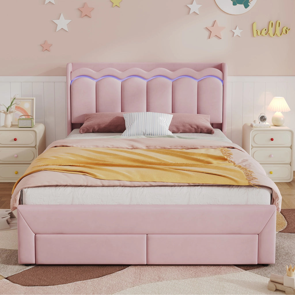 Letto imbottito per bambini 140 ¡Á 200 cm in velluto rosa con 2 cassetti e LED controllata tramite app