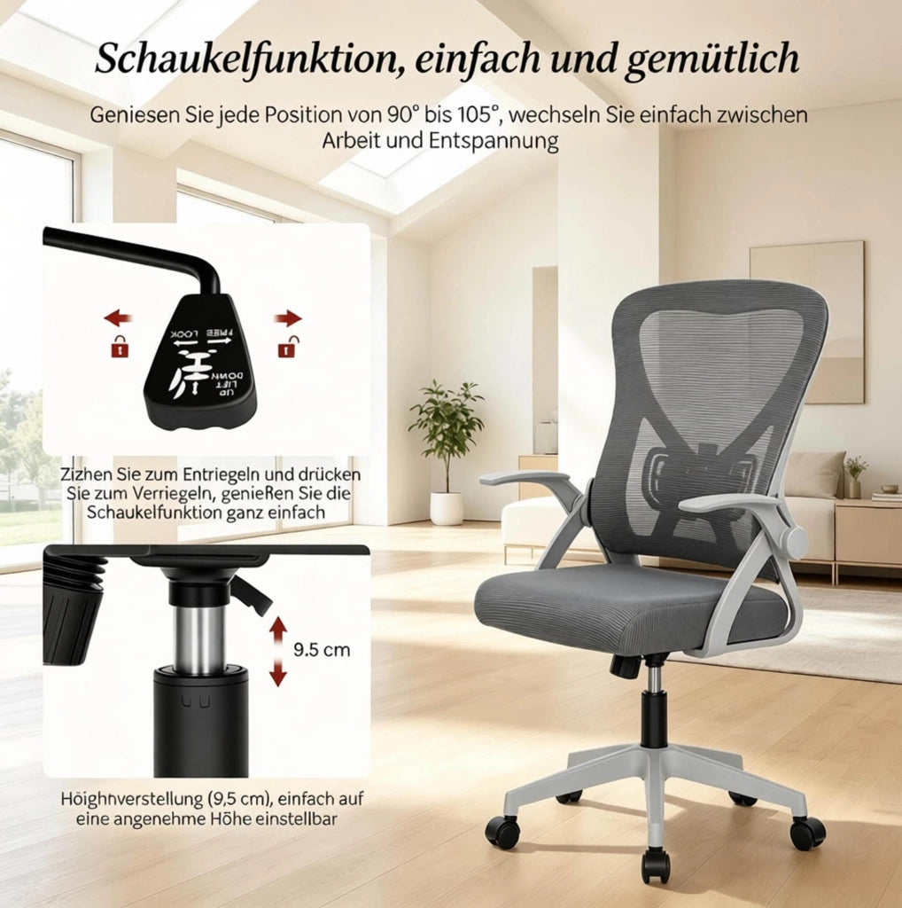 Sedia da ufficio ergonomica grigia con braccioli pieghevoli