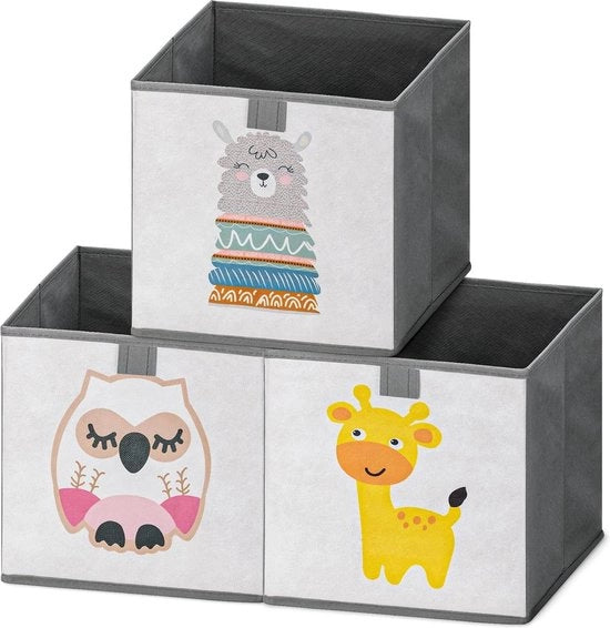 Set di 3 casse di archiviazione per bambini con chiusura a tralcio - 28 x 28 x 28 cm - Ripiegabile - Scatole di gioco con motivi animali - Rosa, Verde, Blu