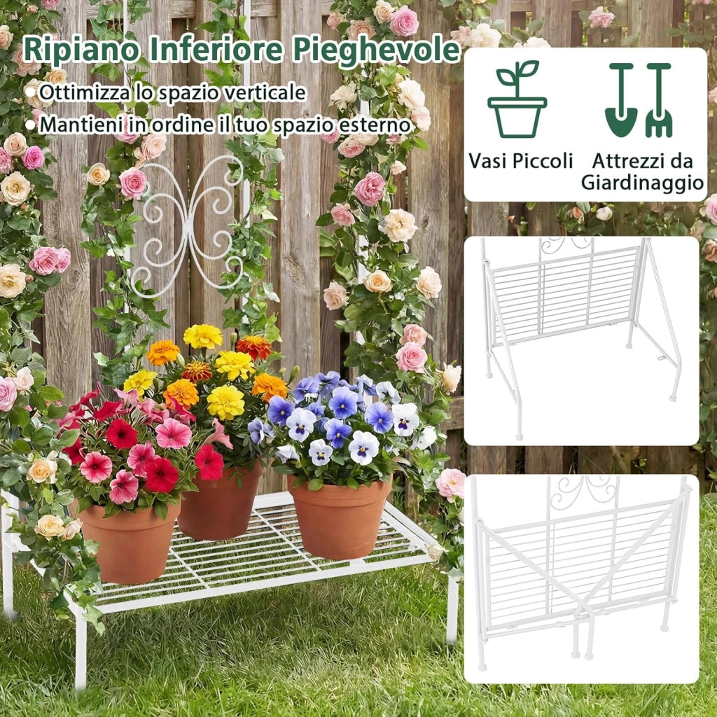 Traliccio per Rampicanti Metallo con Ripiano Pieghevole, Graticcio per Piante da Esterno, Griglia per Piante Rampicanti per Giardino, Cortile e Patio, 50 x 30 x 189,5 cm (Bianco,1)