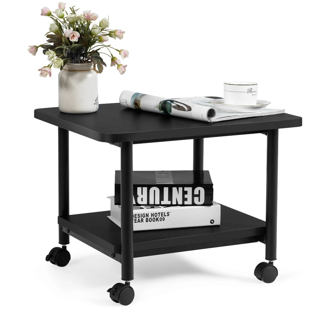 Tavolino in legno multifunzione con ruote girevoli, Mobiletto carrello con 2 ripiani 49x40x37cm Nero