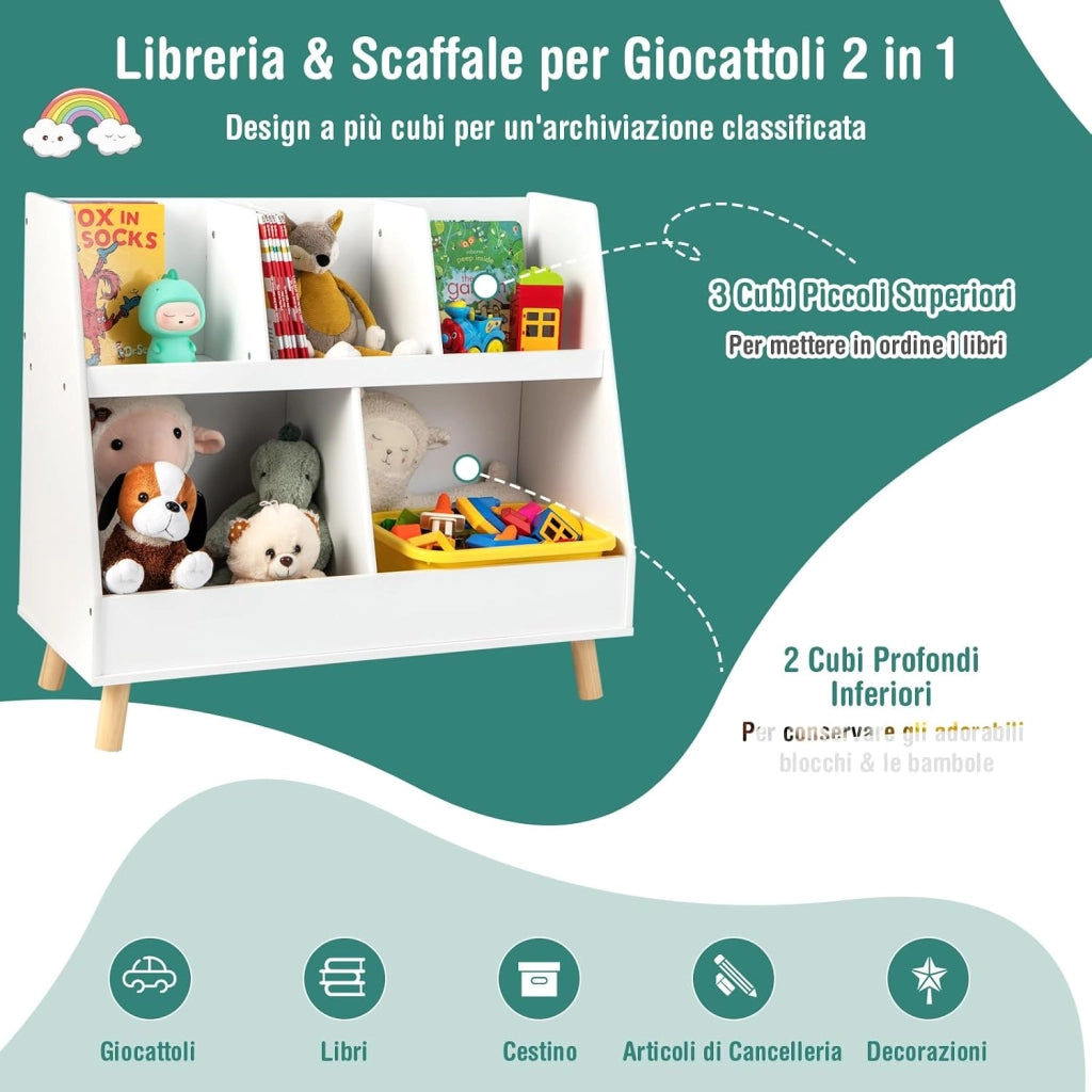 Libreria per Bambini a 5 Cubi, Scaffale Portagiochi a 2 Livelli con Gambe in Legno e Kit Antiribaltamento, per Stanza dei Giochi Camera da Letto, 80x35x71 cm