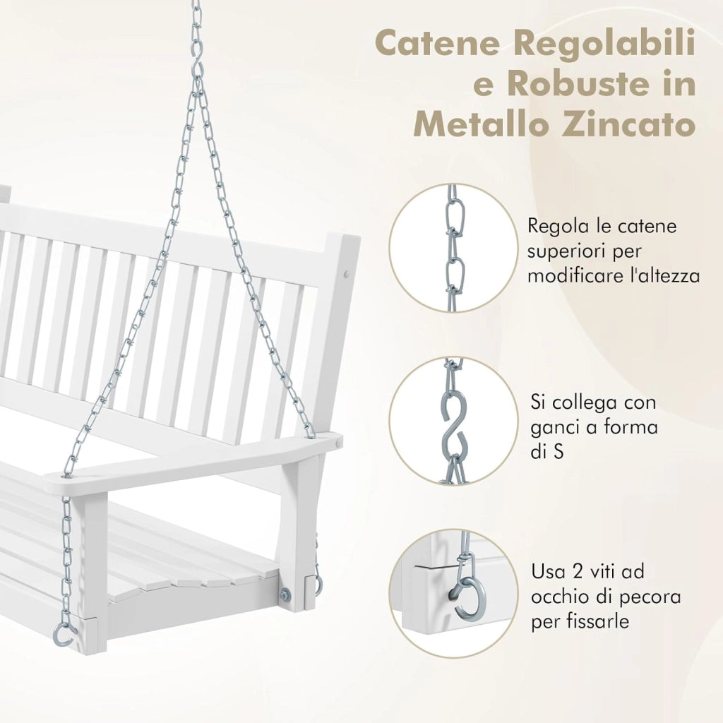 Altalena da Giardino in Legno per 2 Persone, Panchina Sospese in Legno con CapacitÃ  di Peso di 230 kg, Sedia a Dondolo per Giardino, Cortile (136 x 67 x 63 cm, Bianco)