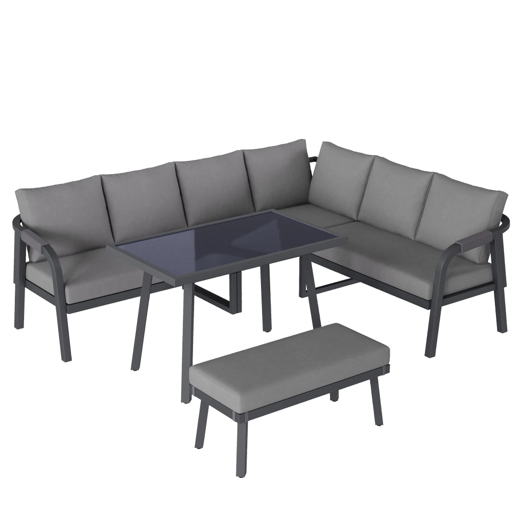 Set da Giardino con Divano Angolare, Tavolo e Panca ¨C MINIMAL ¨C Polyrattan Grigio, 8 Posti