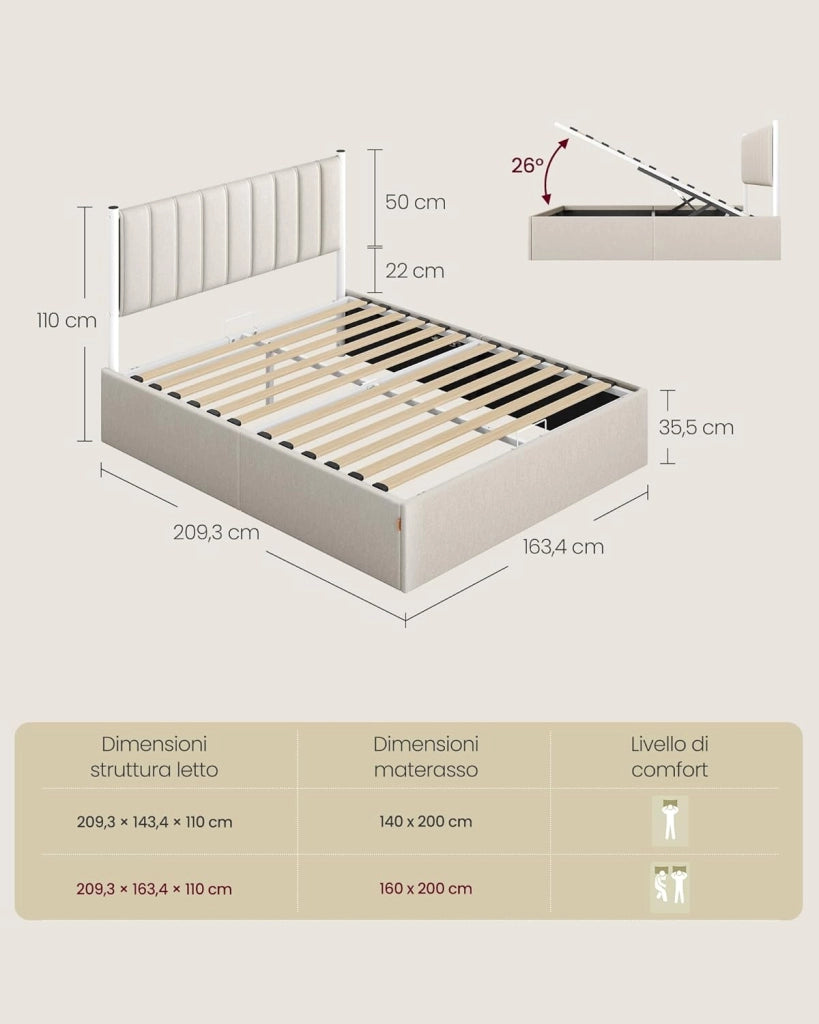VASAGLE Struttura Letto, 160 x 200 cm, Letto Sollevabile con Contenitore, Testiera, Sollevamento Idraulico, Moderno e Semplice, Montaggio Facile, Beige Cappuccino RMB615LH01