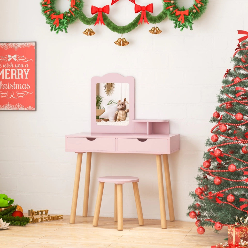 Postazione trucco per bambina 2 in 1, Toeletta e sgabello in legno con specchio rettangolare 2 cassetti Rosa-Toelette per bimbi