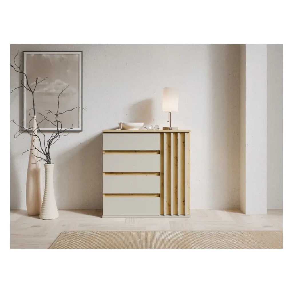 Set mobile da ingresso Mone con appendiabiti, specchio e cassettiera - Rovere chiaro e beige cachemire