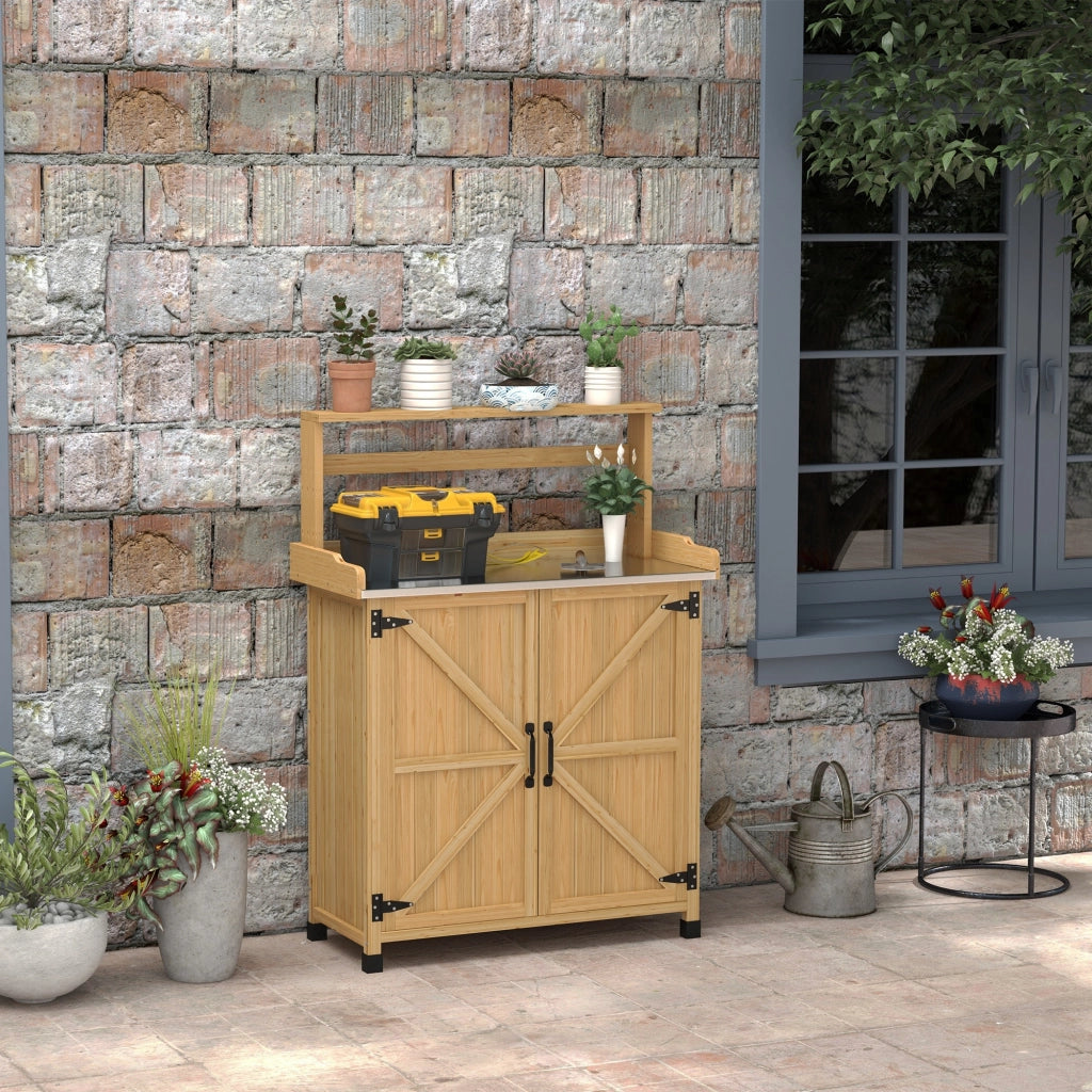 Tavolo da giardinaggio in legno ¨C Xylo ¨C con ripiani e armadietto giallo