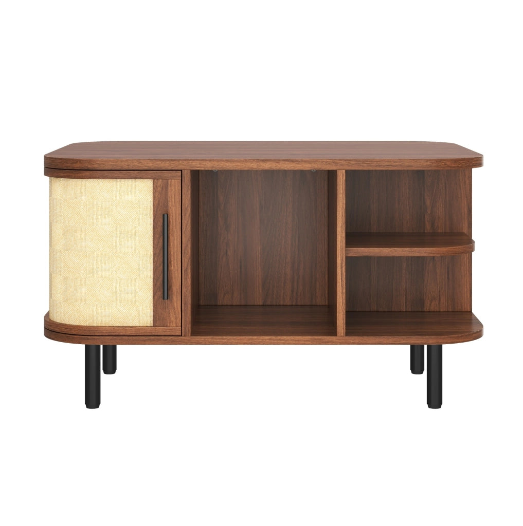 Tavolino da caffè 80x60x47 cm con forma curva e vani laterali in MDF color noce