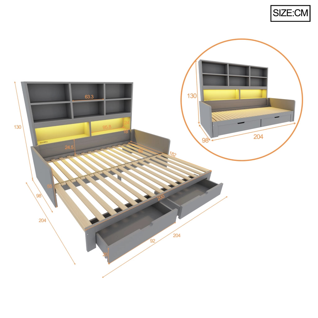 Letto divano estensibile 90x200/180x200 cm con LED; USB; cassetti e ripiani aperti; legno grigio