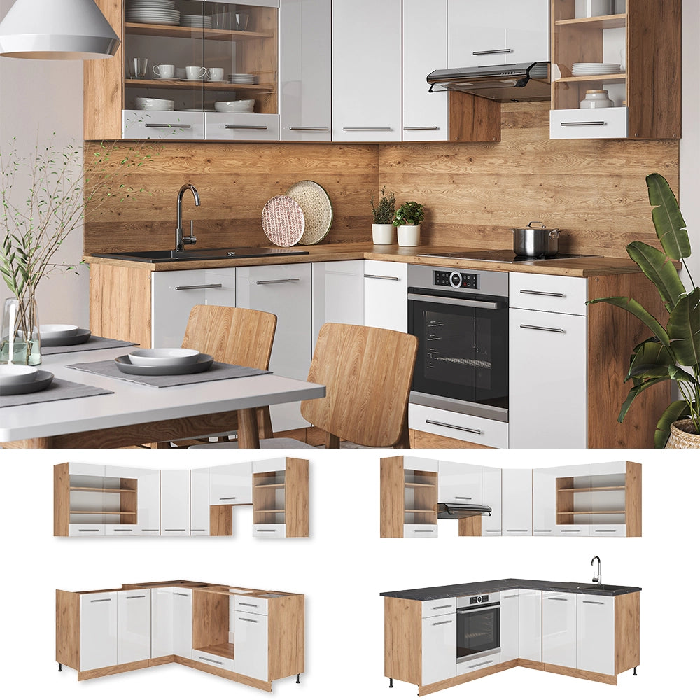 Cucina angolare completa Fame-Line Bianco lucido/Rovere dorato 190 x 60 cm, PL Marmo Vicco