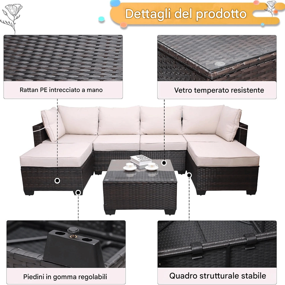 Set Patio Divano Modulabile da Esterno in Polyrattan Cuscini Beige da Giardino