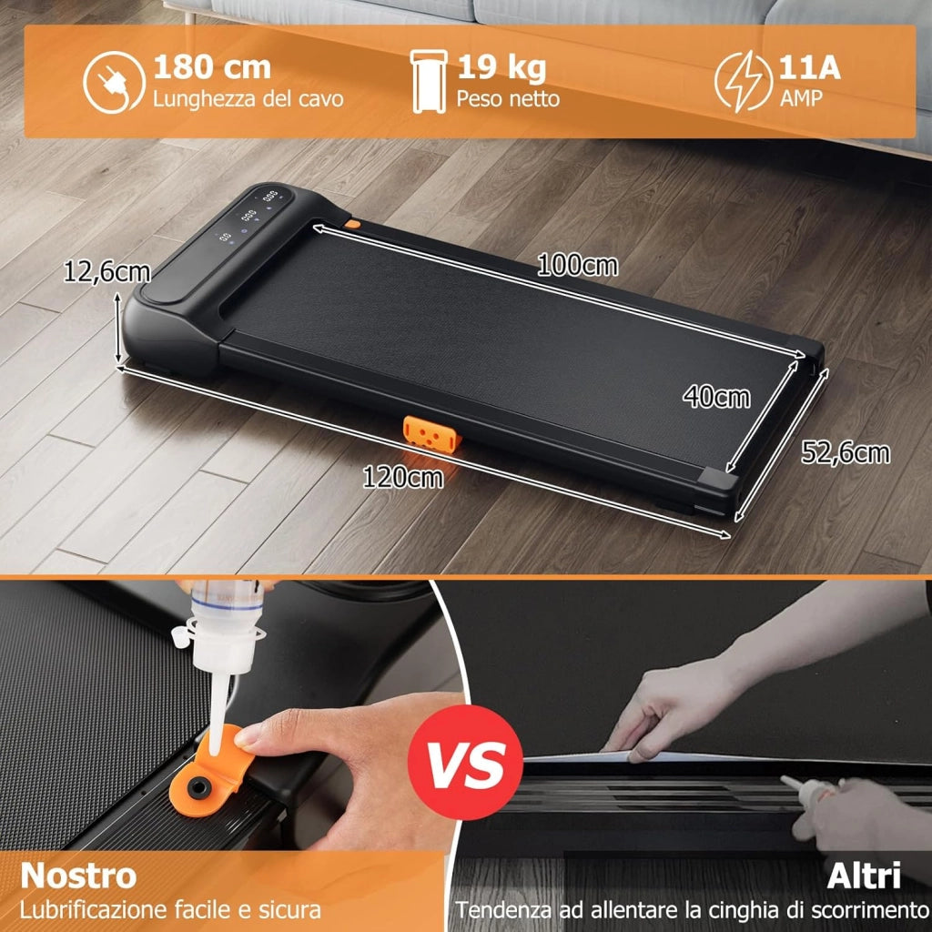 Tapis Roulant Senza Manubrio, Tapis Roulant Sotto Scrivania per Casa/Ufficio con 12 Programmi, Telecomando a Forma di Orologio e Schermo Touch LED, Senza Installazione, Capacità 120 kg