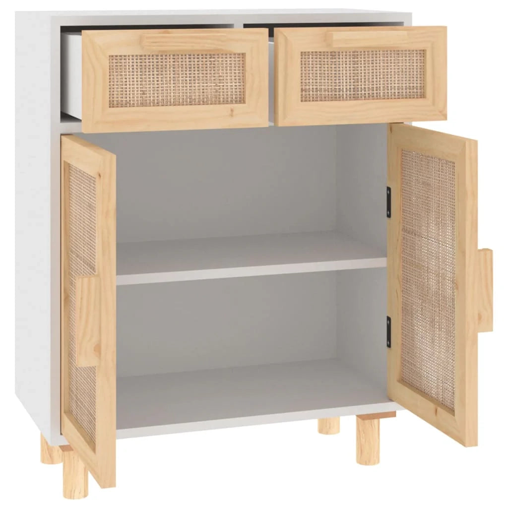 Buffet credenza cassettiera armadio mobile contenitore organizer per cucina soggiorno salotto 60 x 30 x 75 cm legno massello di pino e rattan naturale bianco 02_0030338