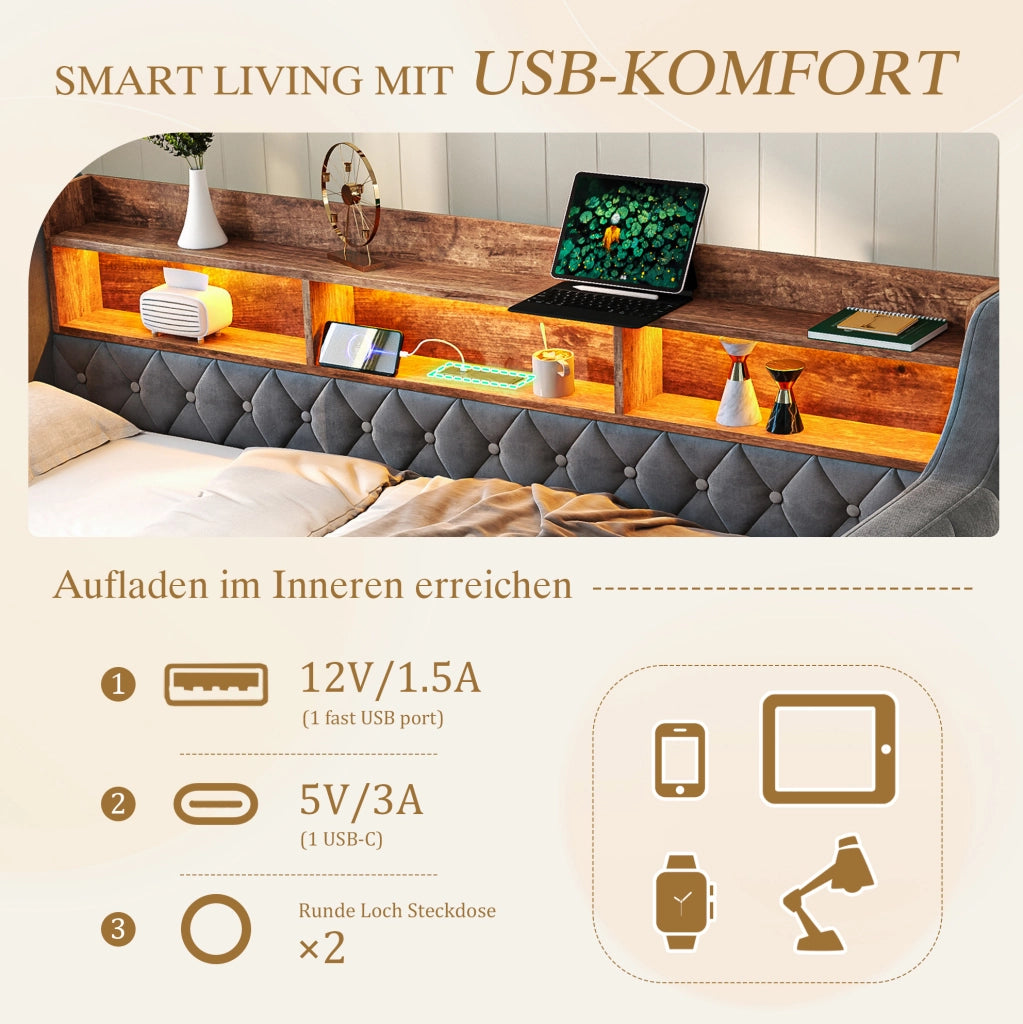Letto divano estraibile 90x190 cm in velluto grigio scuro con LED; USB-C e vano portaoggetti