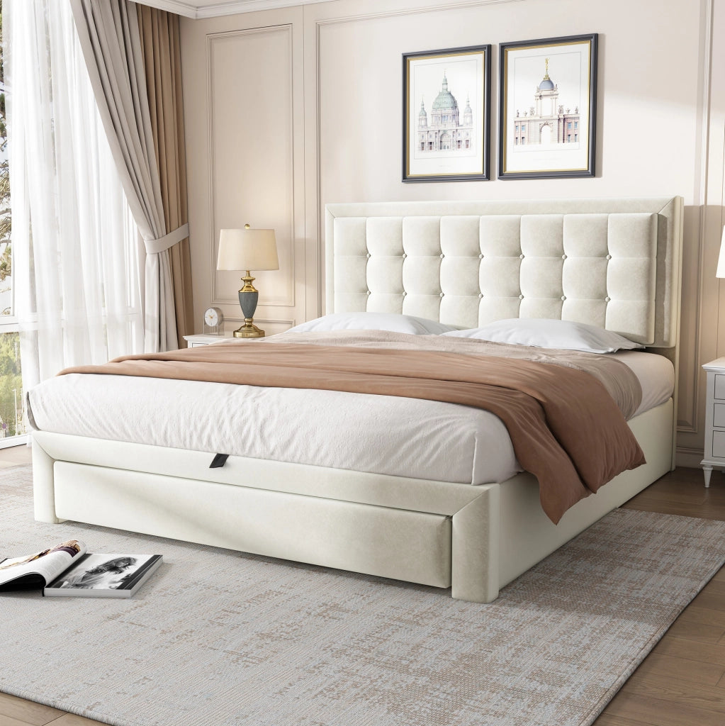 Letto in velluto beige con testiera regolabile e cassetti