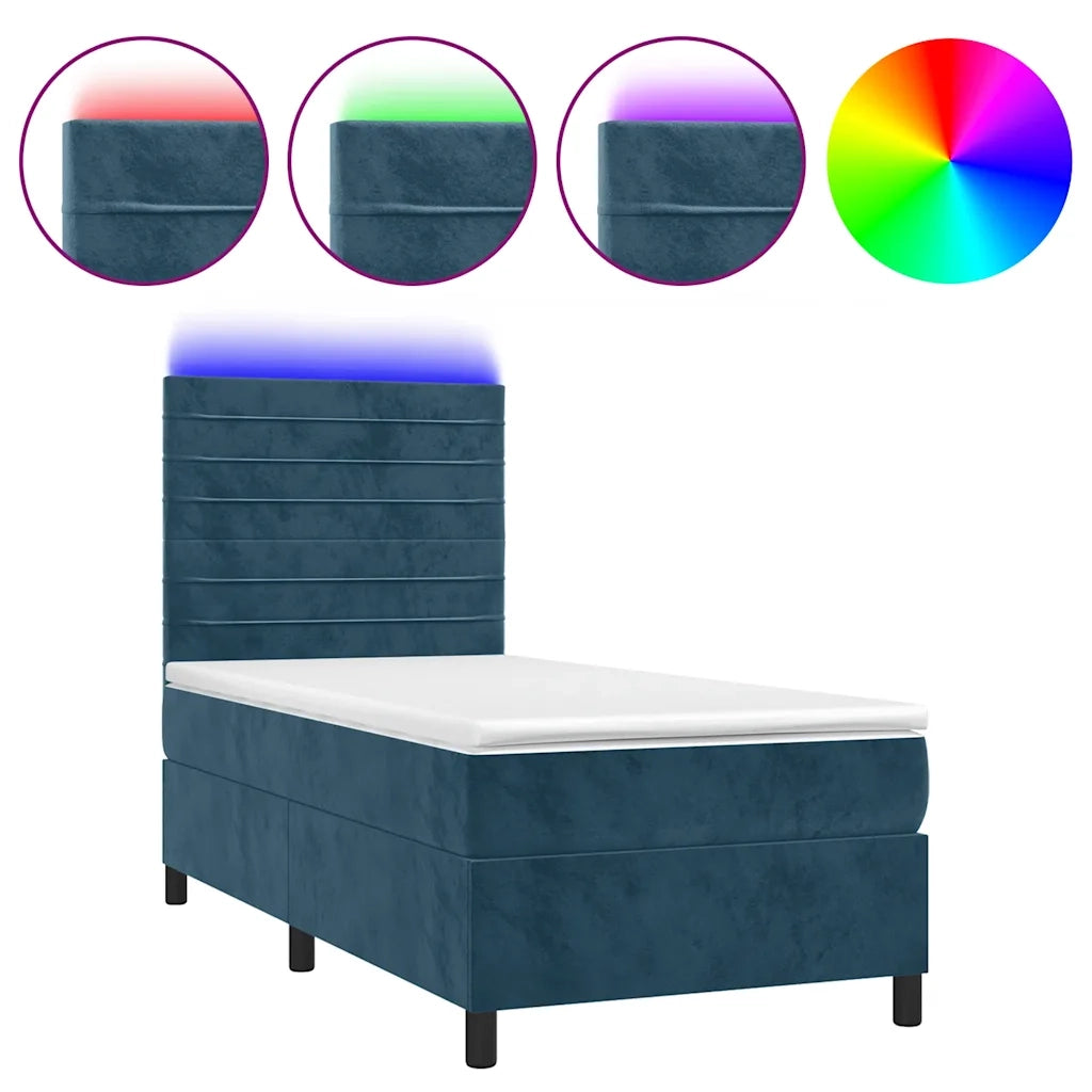 Letto a Molle con Materasso e LED Blu Scuro 90x200cm in Velluto 3136165
