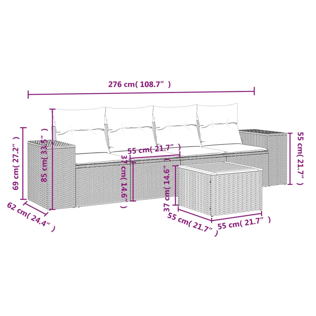 Set Divano da Giardino 5 pz con Cuscini Beige in Polyrattan