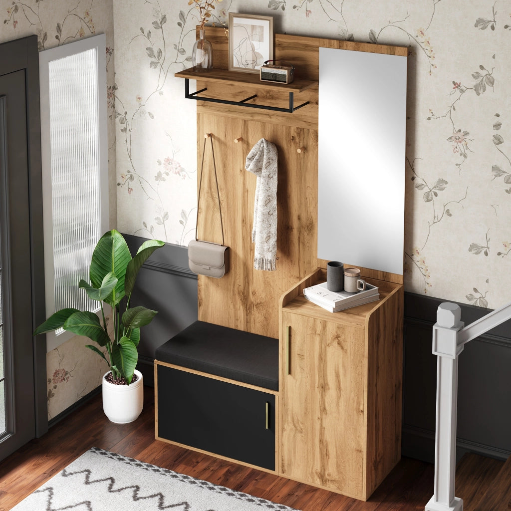 Mobile Ingresso con Specchio e Panca; Scarpiera con 1 Anta; Ganci e Ripiano; Stile Moderno; in Pannelli di Particelle; Nero e Rovere; 100??38??185 cm