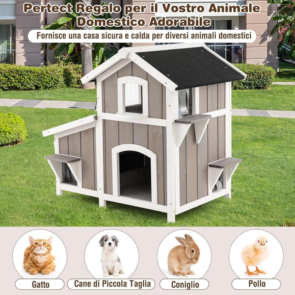 Casetta per Gatti con 2 Ingressi Frontali e 4 Bucchi con Tende in PVC, Villa per Gatti in Legno di Abete a 2 Piani con Tetto Impermeabile, Cuccia per Animali Piccoli, 100 x 64 x 82,5 cm