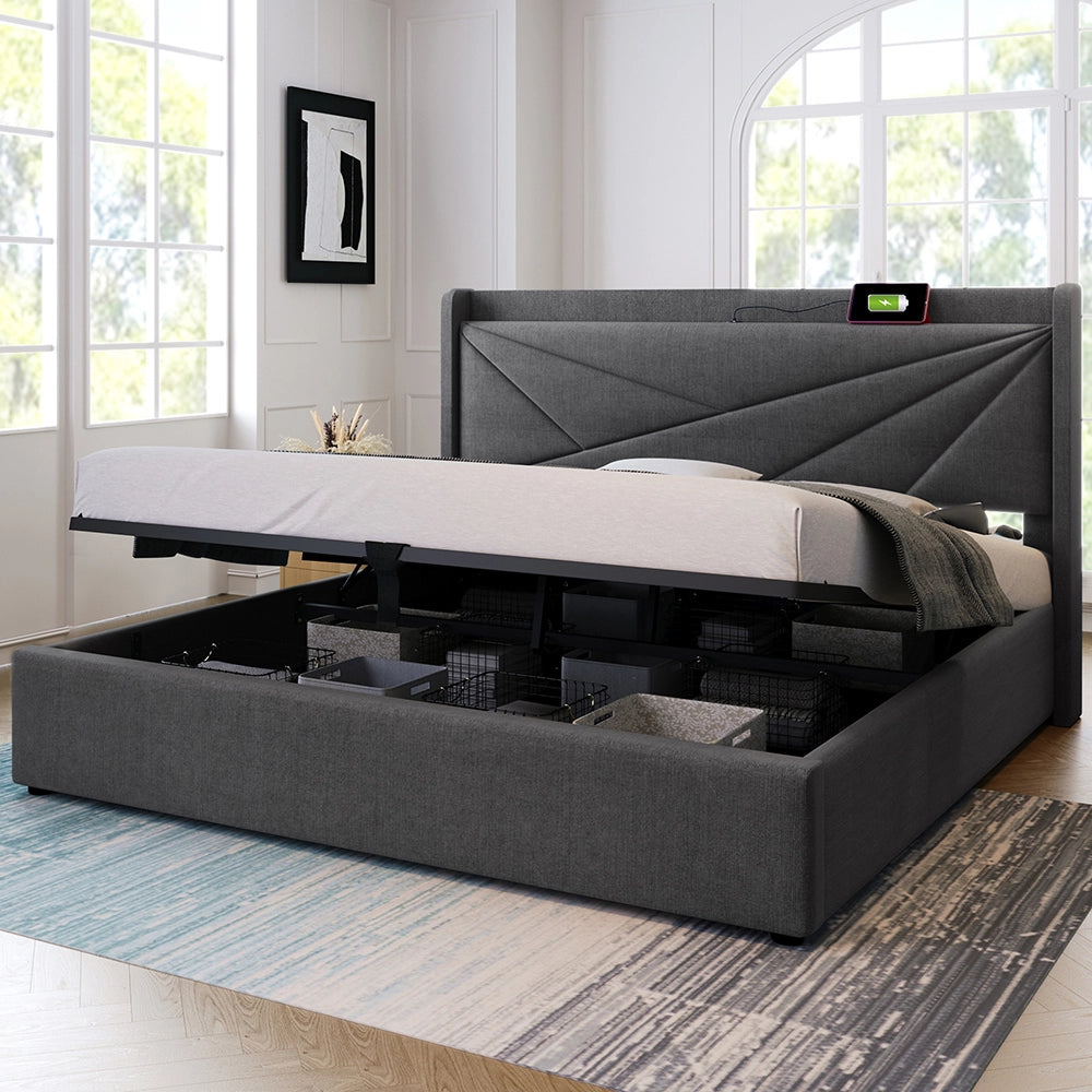 Lit 140x200 cm con cassone - Xylo - Imbottito, funzione di ricarica USB, grigio lino